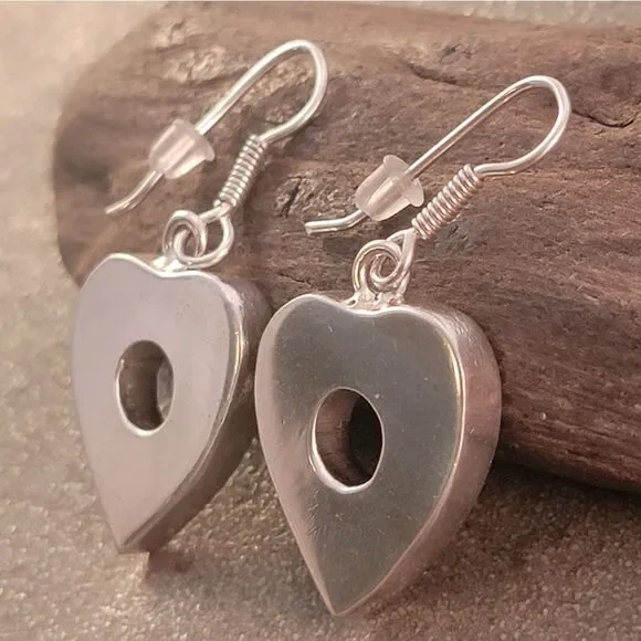 Sterling Vintage Modern Open Hole Heart 3D Dangle Drop Earrings - Picture 3 of 5